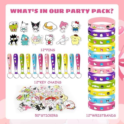 AVONO character themed party favors including 3D keychains silicone bracelets badges and sticker collection.