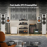 Fosi Audio ZP3 Balanced Preamplifier side angle displaying the premium metal chassis and physical control knobs