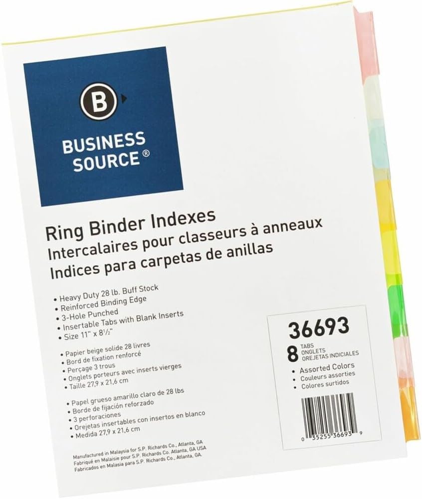 Business Source insertable tab ring binder indexes front view office divider