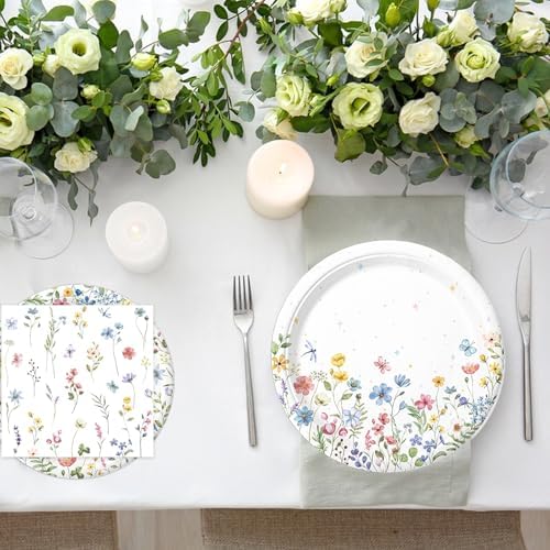 BHHQHH brand wildflower tea party supplies featuring dinner plates and heavy duty cutlery