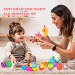 Close up view of premium non-toxic hinged plastic eggs and detailed animal puppets
