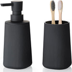 YAUKPH bathroom accessories two piece set showing the front view of the striped black soap dispenser and toothbrush holder.