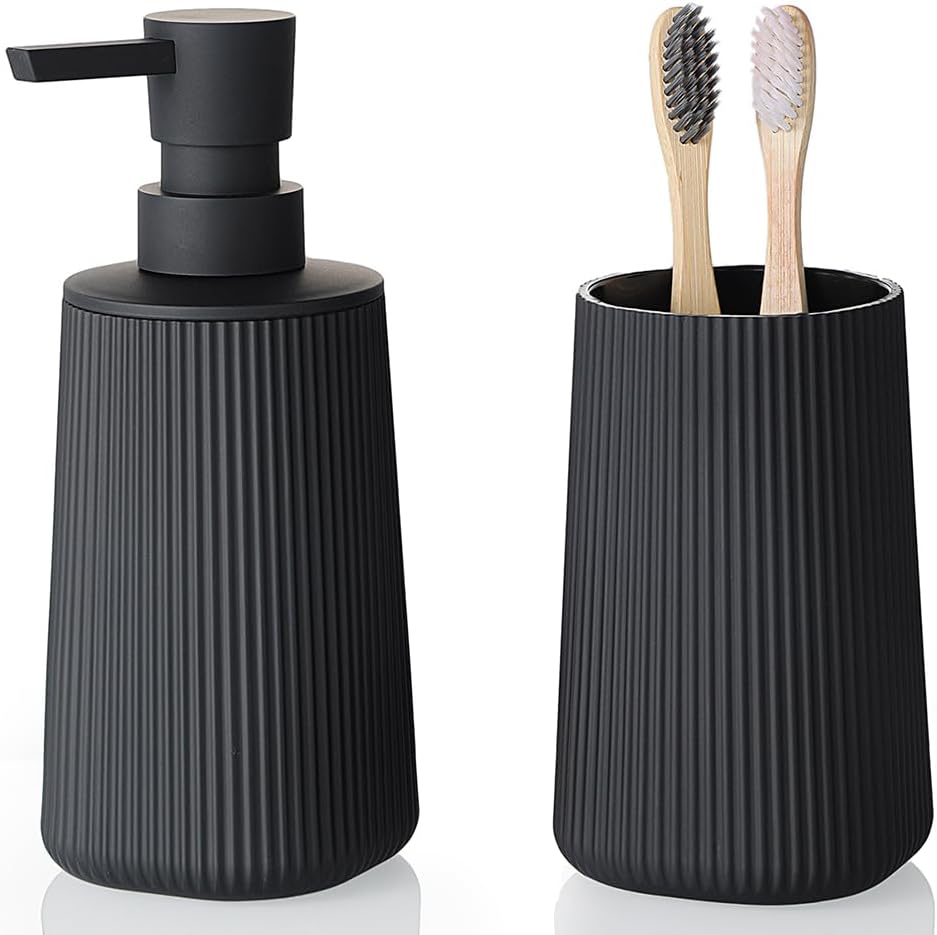 YAUKPH bathroom accessories two piece set showing the front view of the striped black soap dispenser and toothbrush holder.