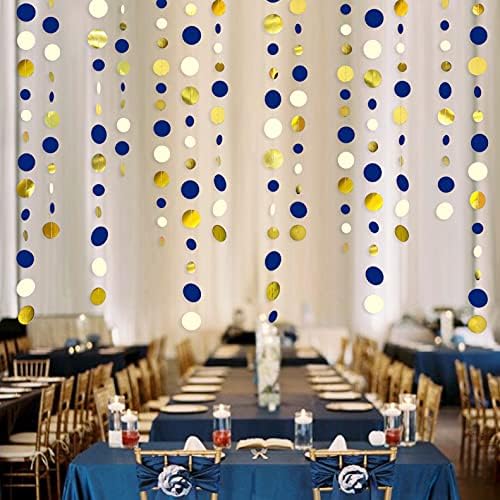Close up of double sided metallic cardstock circle garland for nautical theme decor