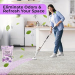 Close up of lavender scented carpet freshener powder being sprinkled on a rug.