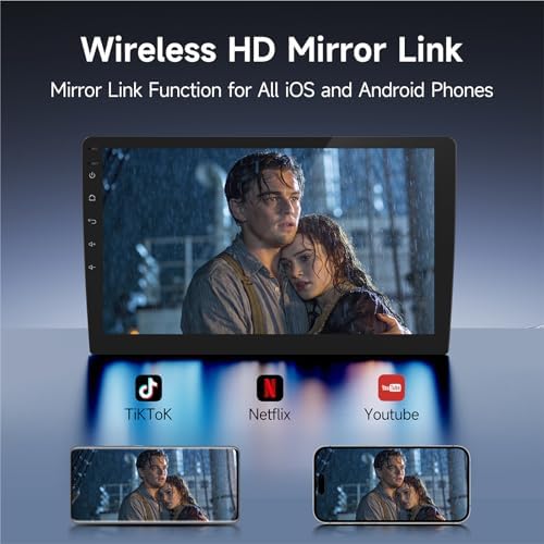 Haudio wireless car entertainment system showing the rearview backup camera parking assist grid lines on screen.