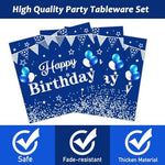 Close up of Tevxj navy blue and silver party napkins with birthday design