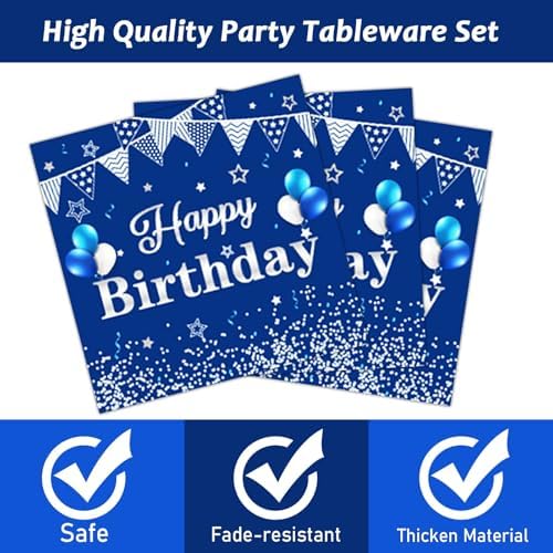 Close up of Tevxj navy blue and silver party napkins with birthday design