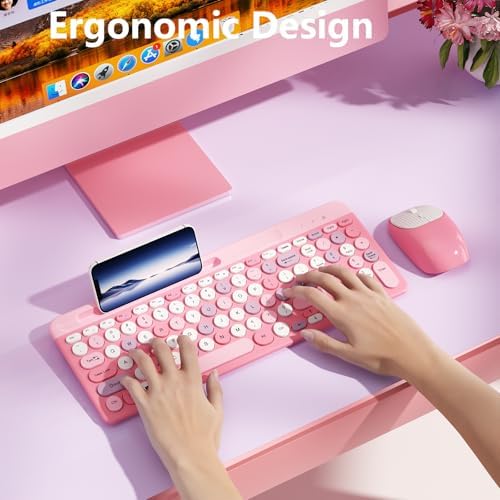 Side profile view of XISOGUU pink colorful keyboard demonstrating the ergonomic gentle typing slope design