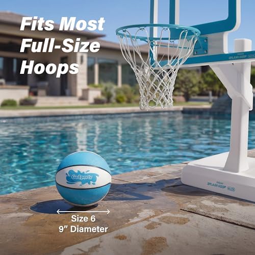 GoSports water basketball being used in a backyard swimming pool