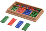 Elite Montessori stamp game wood skittles and counters close-up