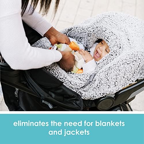 Baby in car seat with JJ Cole gray winter cover installed