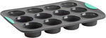 Trudeau silicone muffin pan front view in grey and mint