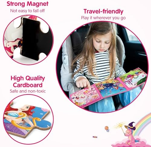 Toddler girl solving the twenty piece unicorn themed jigsaw puzzle on a car seat tray table during a road trip.