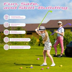 Close up of EveStone kid-sized golf clubs and balls