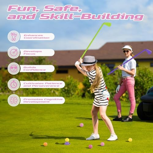 Close up of EveStone kid-sized golf clubs and balls