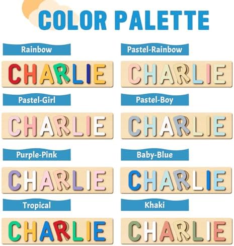 Detailed shot of the multi-line customizable options on the wooden board displaying different name lengths and colors.