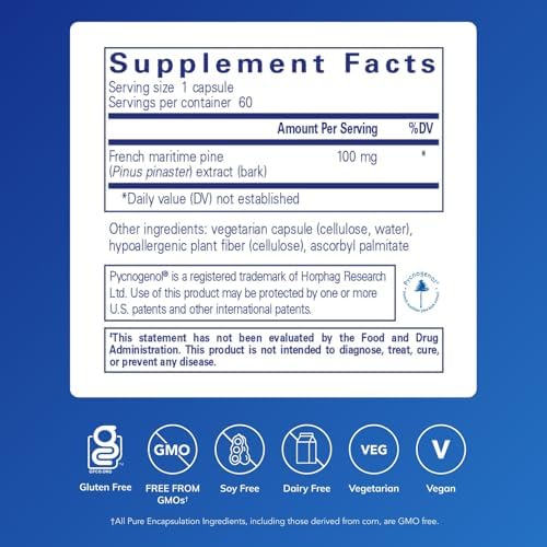 Pure Encapsulations Pycnogenol 100 mg supplement facts and clean ingredient label details