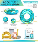 Inflatable blue pool tube with gold confetti floating in water