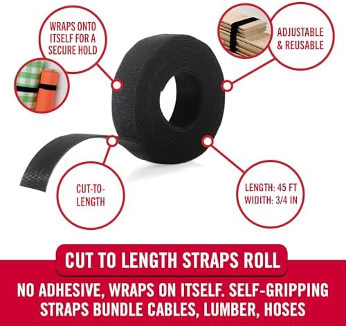 Black cut to length self gripping strapping roll for tool organization.