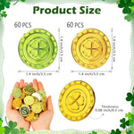 Vicroic plastic lucky coins assortment showing sixty green and sixty gold festive pieces spread out on a surface