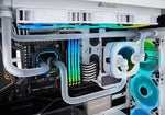 Side view of Corsair Hydro X clear computer water cooling system fluid bottle