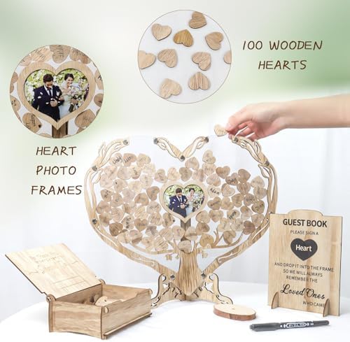 Close up of wooden heart tokens for guest book signing