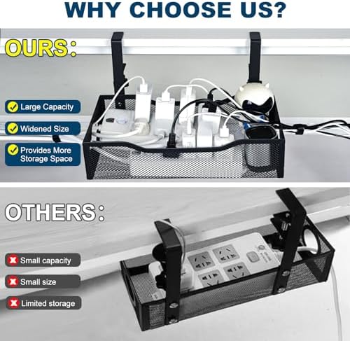 G.Sumiker metal cord organizer clamp mechanism attached to a wooden office desk without drilling holes.