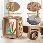 Close up of magnetic photo slots on the Emfogo brown wooden memory frame