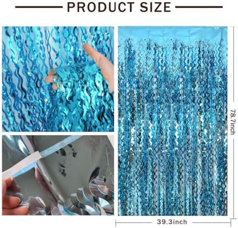 Light blue tinsel metallic backdrop curtains installed on a party photo booth wall