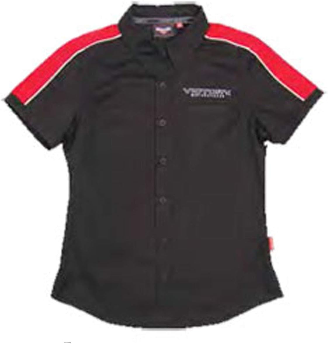 Victory Motorcycle Women's Black And Red Dealer Pit Shirt front view featuring embroidered block logo