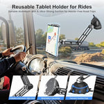 PLDHPRO tablet stand clamp mechanism demonstrating universal compatibility with a large screen device in landscape orientation.