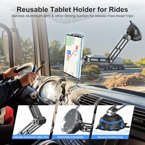 PLDHPRO tablet stand clamp mechanism demonstrating universal compatibility with a large screen device in landscape orientation.