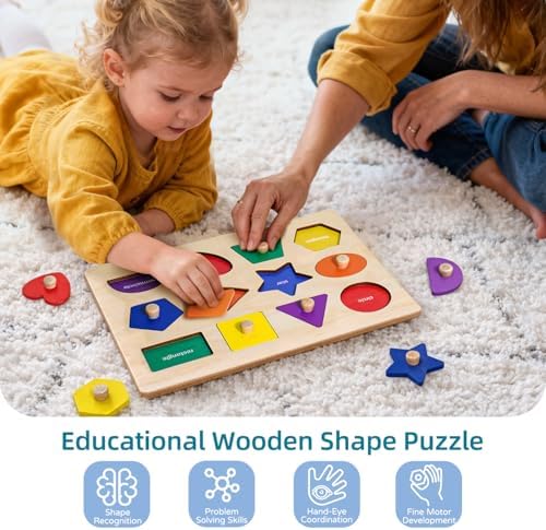 LiKee geometric learning board with puzzle pieces lifted to reveal printed shape name labels underneath.