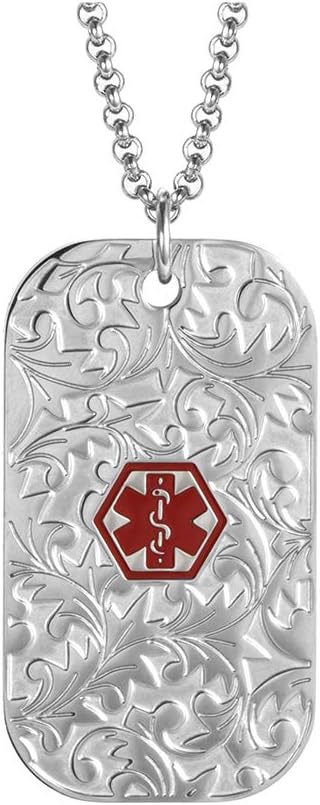 Medical Alert ID Necklace Personalized Flower Pattern Pendants for Women Custom Stainless Steel Medical ID Dog Tag Emergency Necklace for Men 24-28" (Free Engraving) - Image 1