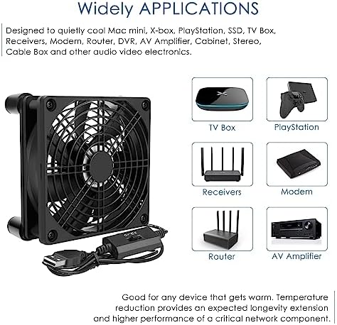 Qirssyn USB powered fan showing the five volt power connection cable for universal device compatibility.