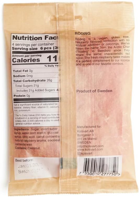 Back of the Kolsvart Swedish Candy bag showing the simple, clean ingredients list.