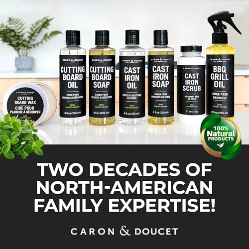 Cast iron pan being seasoned with Caron & Doucet plant-based conditioning oil.
