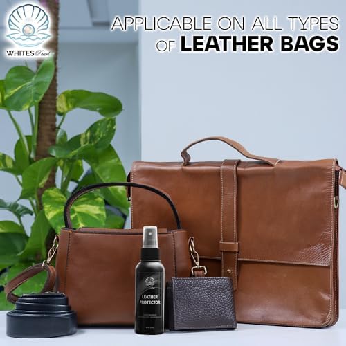 Whites Pearl leather protectant bottle next to a designer suede leather wallet