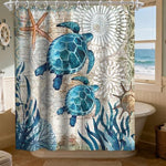 Close-up of the high-definition teal ocean and green sea turtle digital print on the premium polyester fabric.