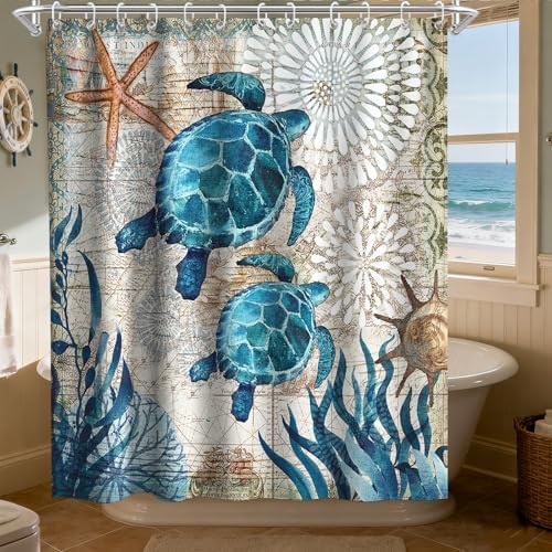 Close-up of the high-definition teal ocean and green sea turtle digital print on the premium polyester fabric.