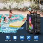 Dnil portable speaker back panel showcasing USB TF card and AUX inputs.