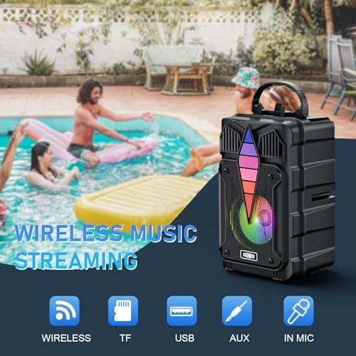 Dnil portable speaker back panel showcasing USB TF card and AUX inputs.