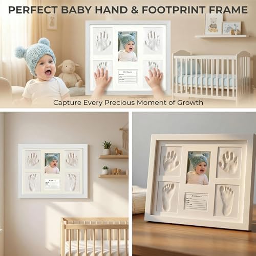 Womdee baby handprint and footprint frame mounted securely on a living room gallery wall