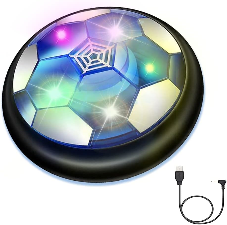 JRD&BS WINL Hover Soccer Ball front view glowing with light emitting diode lights on a smooth floor.