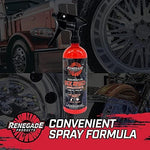 Authentic USA imported Renegade Products liquid metal polish spray being applied to polished alloy wheels.