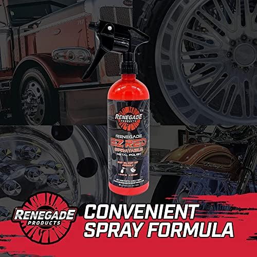 Authentic USA imported Renegade Products liquid metal polish spray being applied to polished alloy wheels.