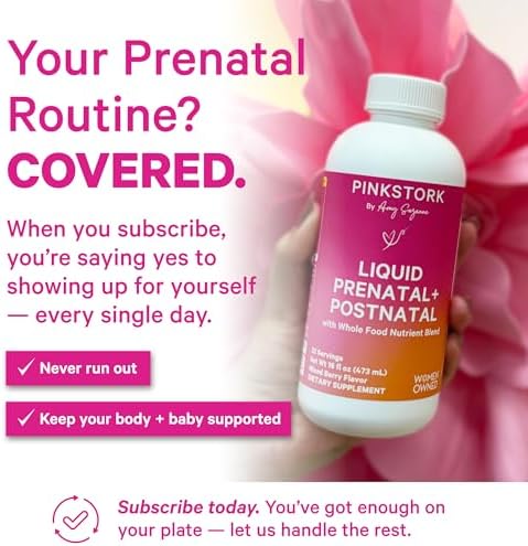 Prenatal liquid multivitamin for maternal health and fetal development, Pink Stork brand