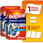 Bounce fabric softener sheets 130 count packaging demonstrating the extra large mega size comparison