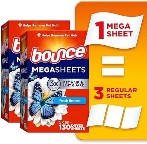 Bounce fabric softener sheets 130 count packaging demonstrating the extra large mega size comparison